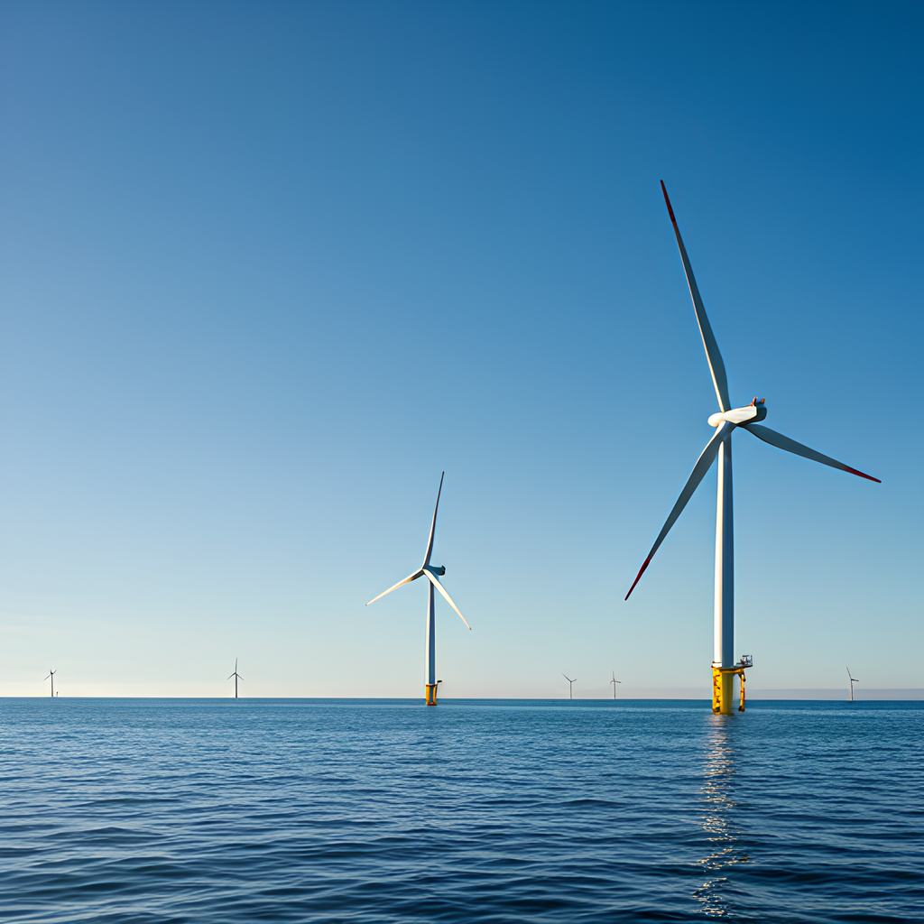 Offshore Wind Turbines in a calm blue sea